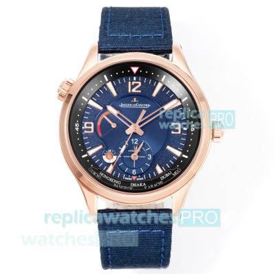 V+ Factory Swiss Clone Jaeger-LeCoultre Polaris Geographic Rose Gold Watch with Blue Leather Strap 